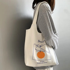 Orange Fruit Printed Canvas Tote Bag for College Students
