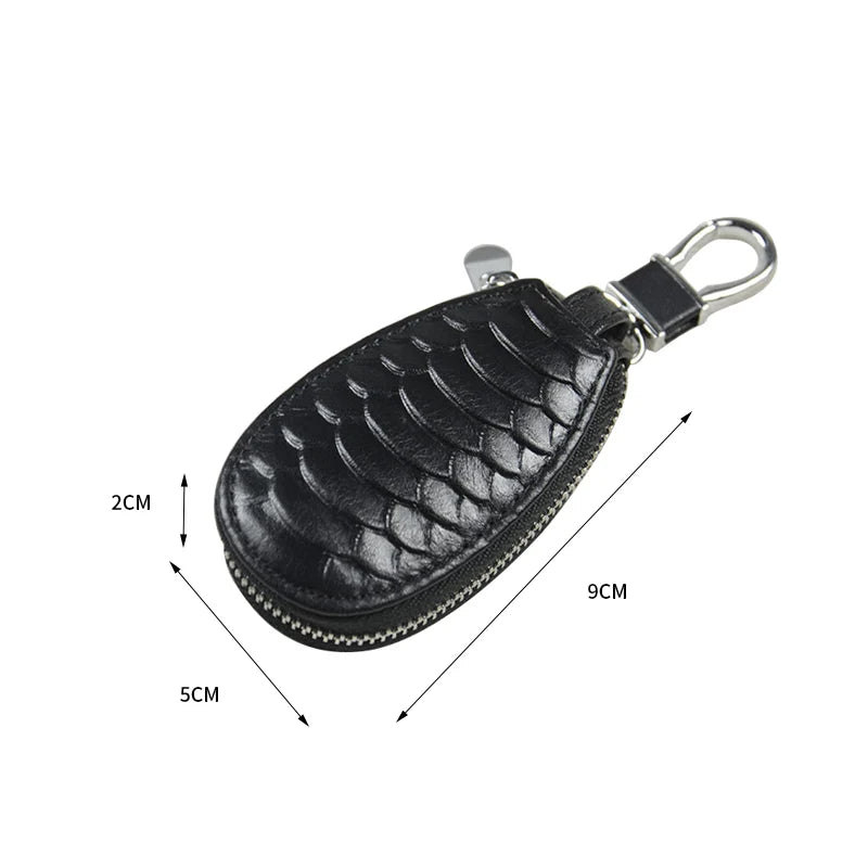 Leather Car Key Case Keychain Zipper Pouch Snake Pattern Key Holder
