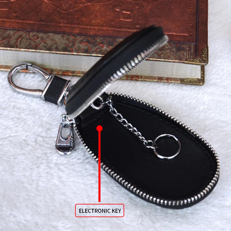 Leather Car Key Case Keychain Zipper Pouch Snake Pattern Key Holder