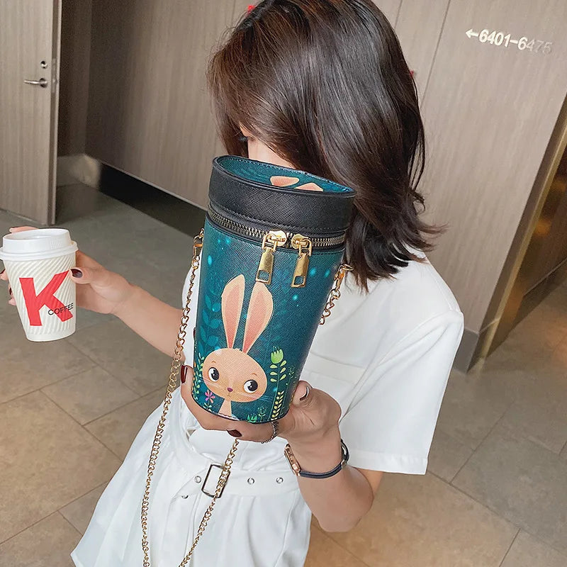 Female Cartoon Printing Cylinder Bag Mini Shoulder Messenger Bag