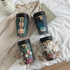 Female Cartoon Printing Cylinder Bag Mini Shoulder Messenger Bag