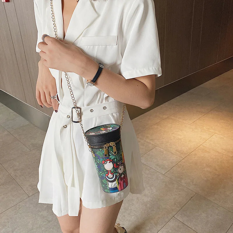Female Cartoon Printing Cylinder Bag Mini Shoulder Messenger Bag