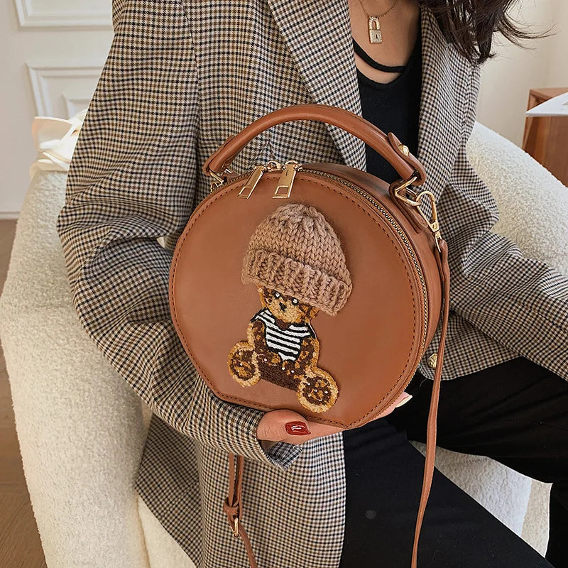Vintage Leather Shoulder Bag Round Crossbody