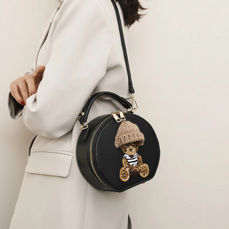 Vintage Leather Shoulder Bag Woman Bear Small Round Crossbody Bags