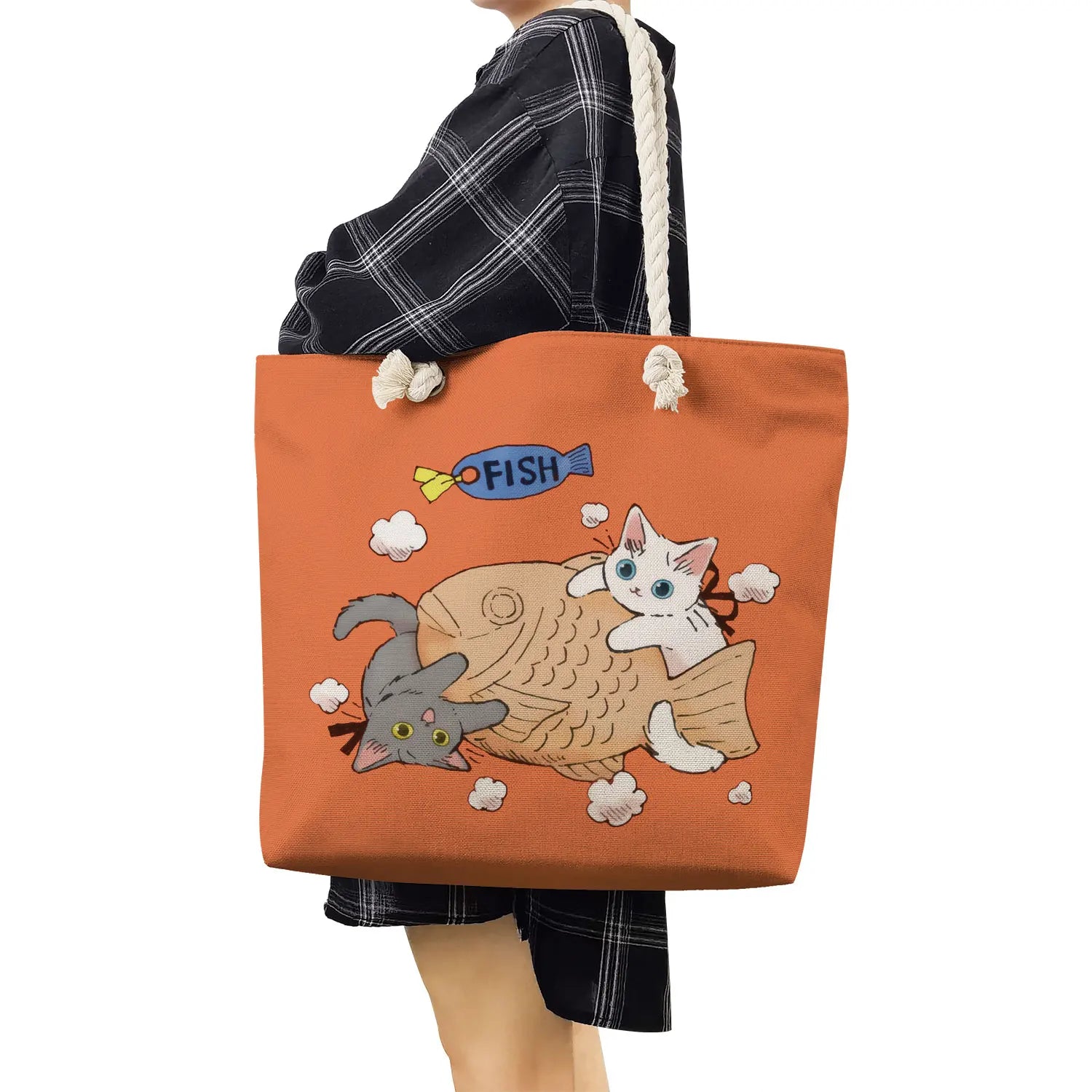 Cartoon Cat Print Shopping Bags Eco Reusable Handbags Womens Totes