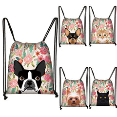Cartoon Flowers Cats Dogs Drawstring Bag Children Learning Backpack