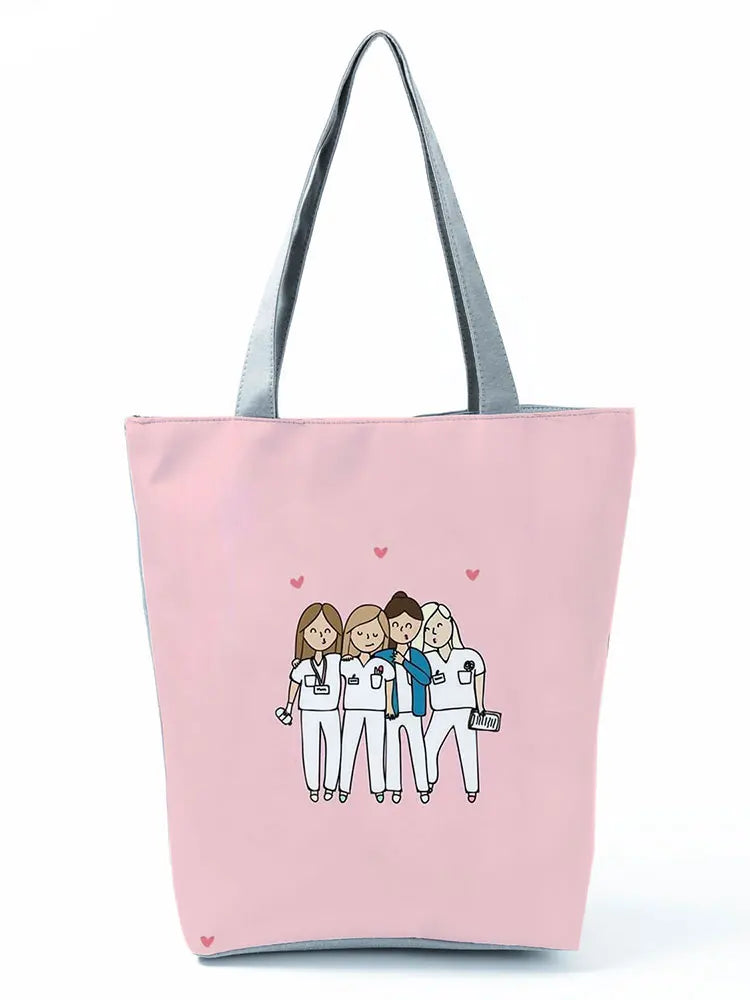 Nurse Printed Handbag Foldable High Capacity Eco Reusable Shopping Bag