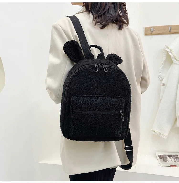 Fluffy Plush School Bag with Bunny Ears Zipper