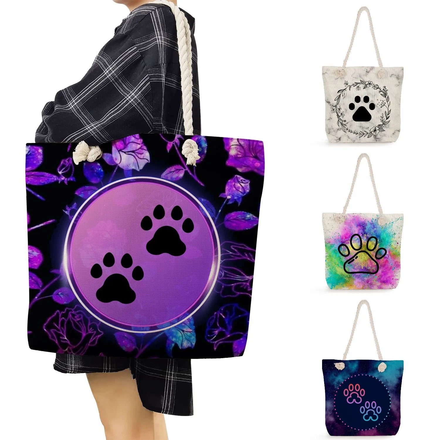 Casual Dog Paw Printed Shoulder Bag High Capacity Purple Tote Bags Handbags
