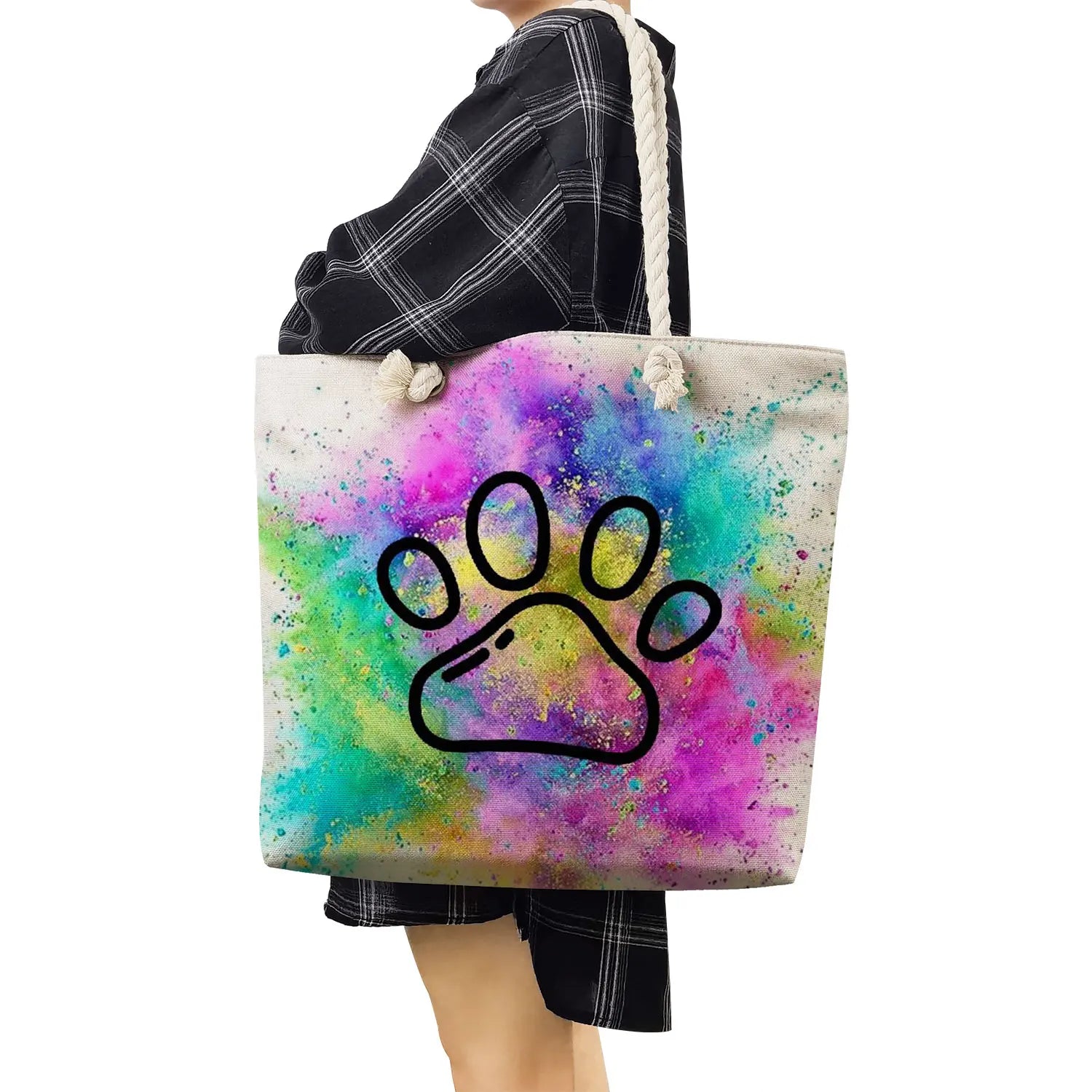 Casual Dog Paw Printed Shoulder Bag High Capacity Purple Tote Bags Handbags