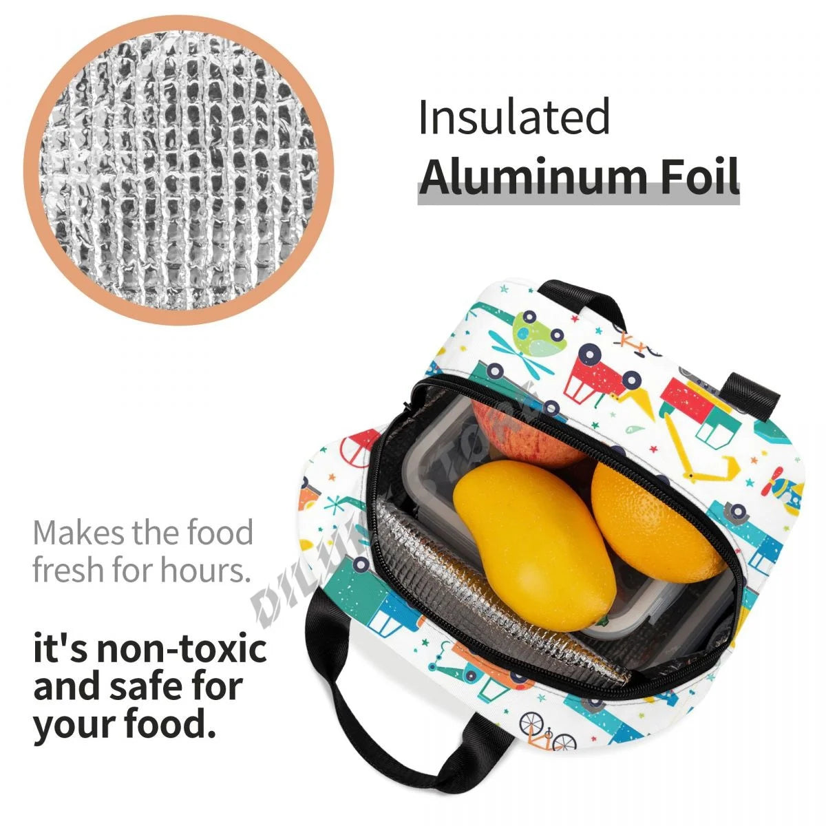 Cartoon Truck Car Puzzle Insulated Lunch Bag for Kids School