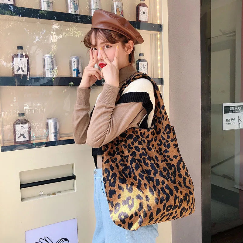 Leopard Pattern Corduroy Tote Bag for Women