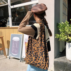 Leopard Pattern Corduroy Tote Bag for Women