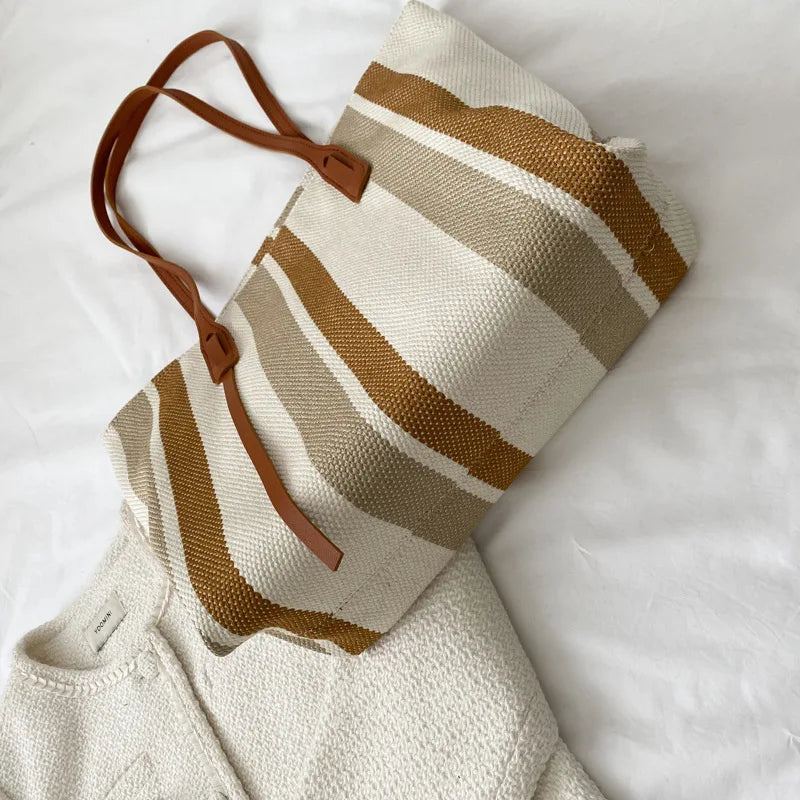 Casual Canvas Totes Bag Striped Handbag Tote Shopper Bag