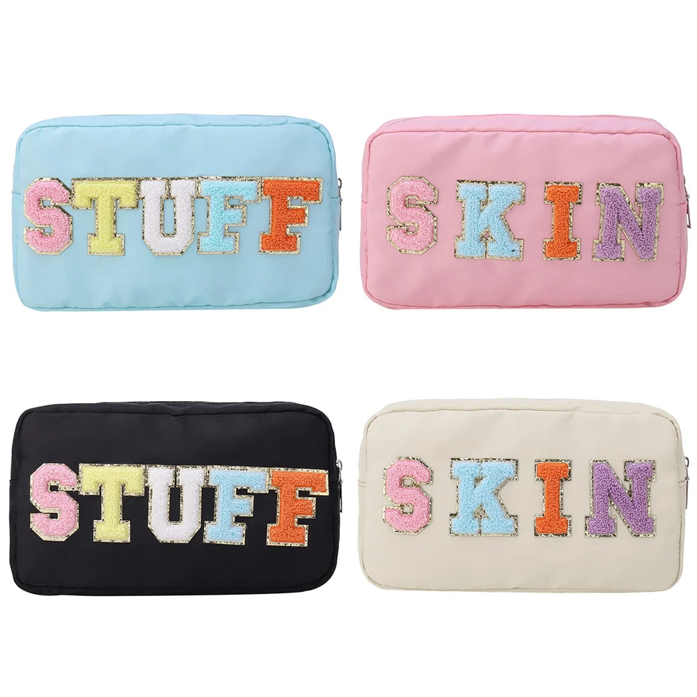 Embroidery Letter Patch Makeup Bag Zipper Storage Organizer