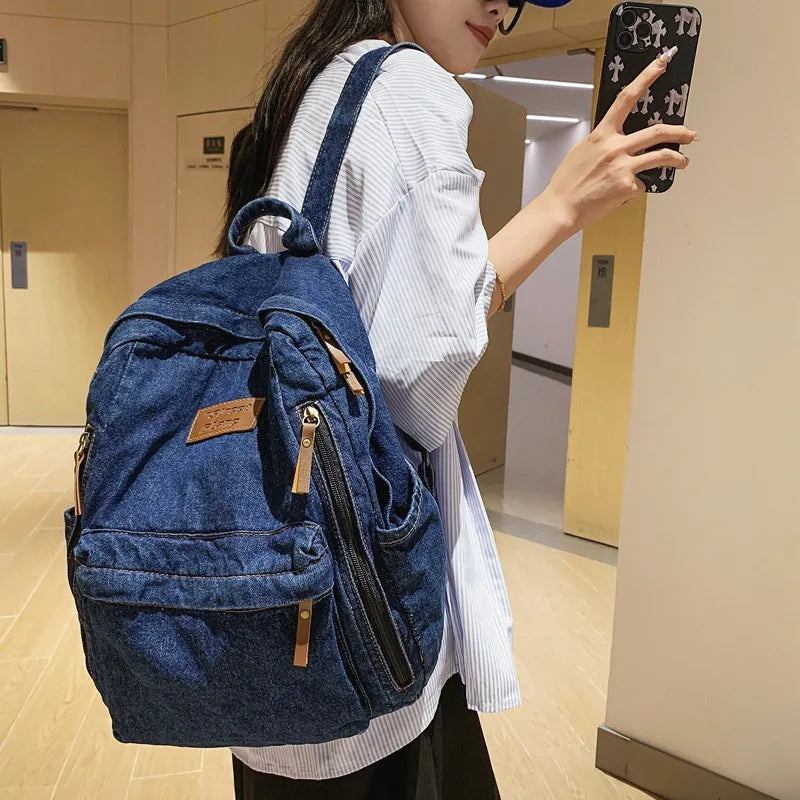 Casual Cowboy Women Backpack Large Capacity Denim Schoolbag for Teenage Girls