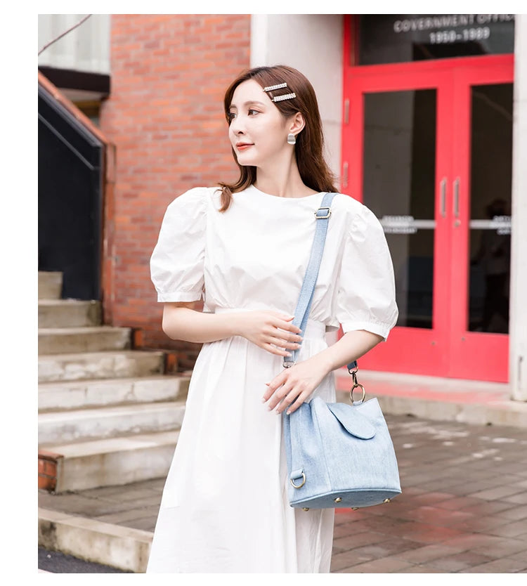 Denim Bucket Bag for Women Shoulder Crossbody Big Totes