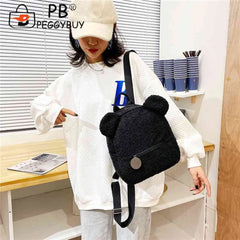 Fleece Bear Shoulder Bag Women Backpack Handbag School Travel Rucksack