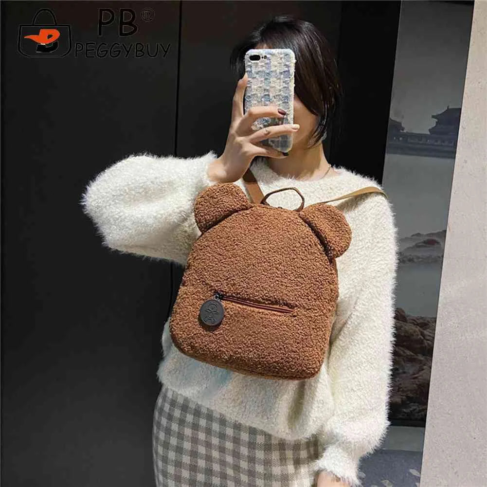 Fleece Bear Shoulder Bag Women Backpack Handbag School Travel Rucksack