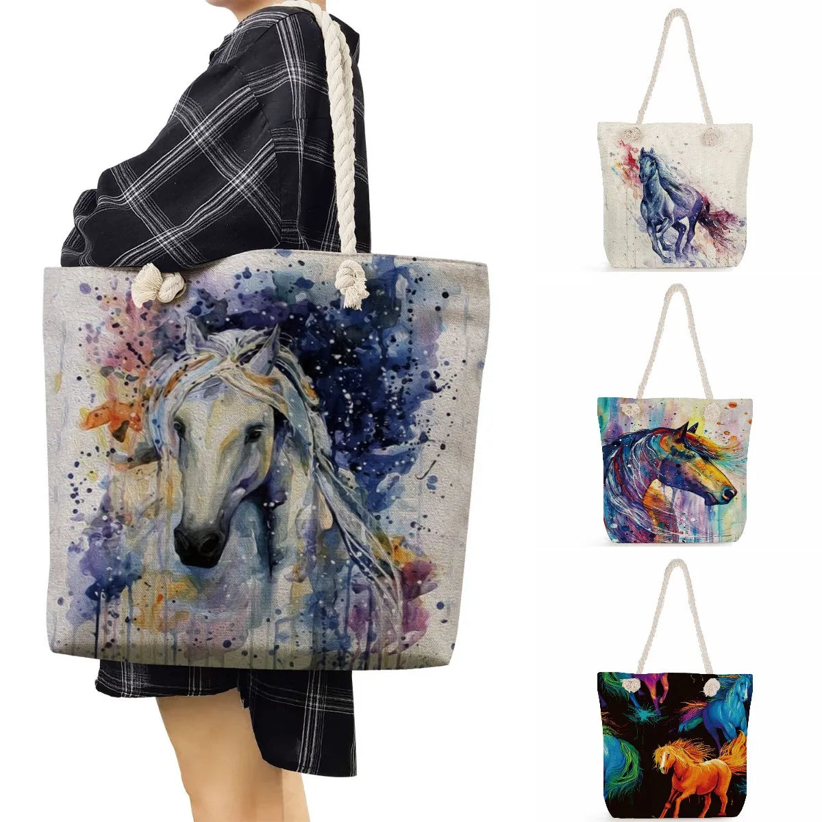Watercolor Horse Print Tote Bag Casual Handbag for Women