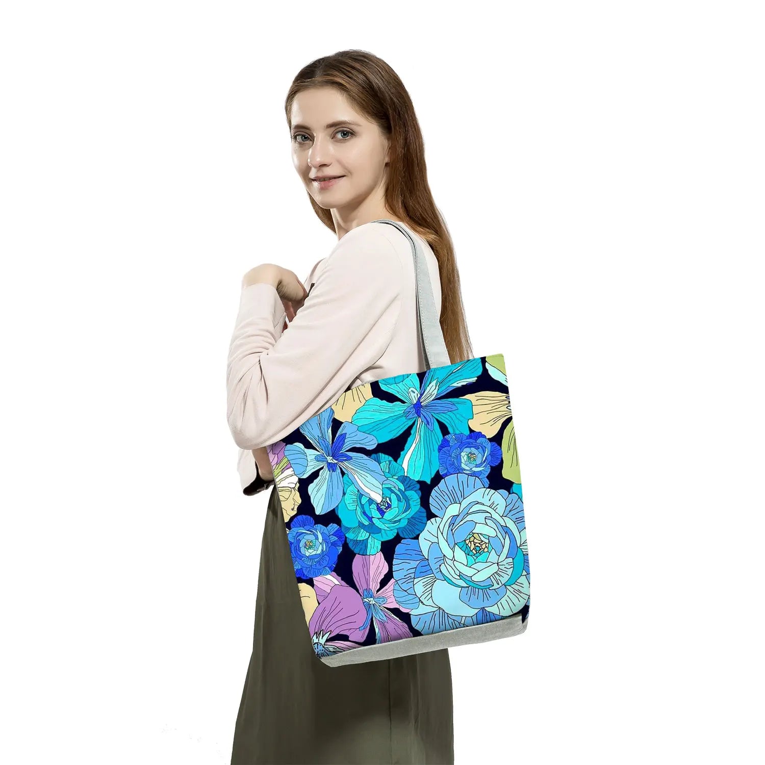 Portable Shopping Bag Pretty Blossom Print Handbags Foldable Beach Shoulder Bag