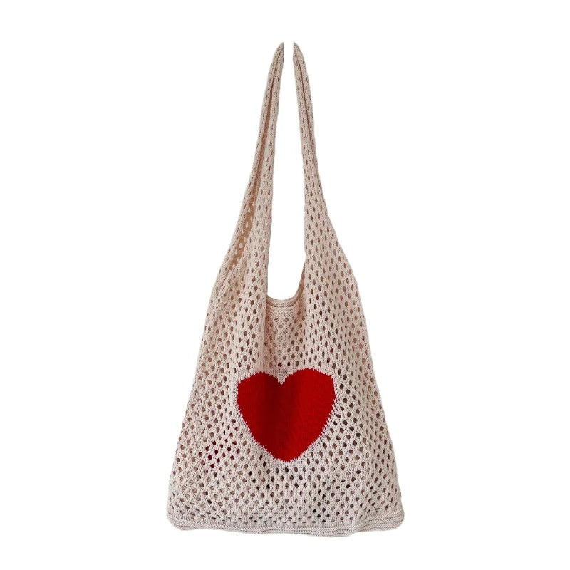 Casual Hollow Shoulder Bag Heart Knitted Bag Handbag Large Capacity