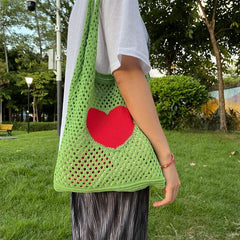 Casual Hollow Shoulder Bag Heart Knitted Bag Handbag Large Capacity
