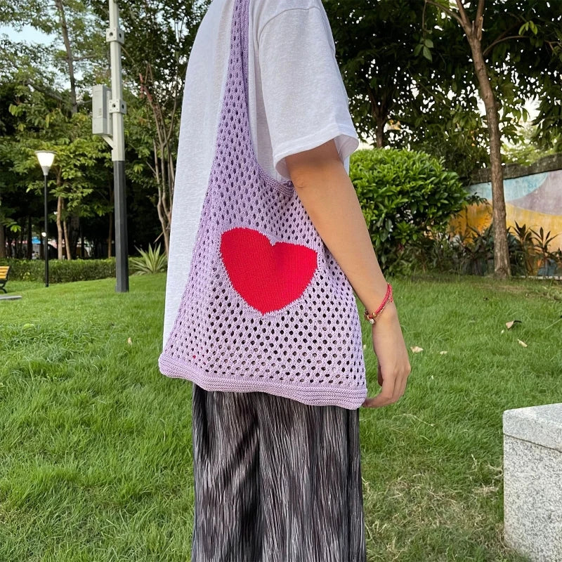 Casual Hollow Shoulder Bag Heart Knitted Bag Handbag Large Capacity