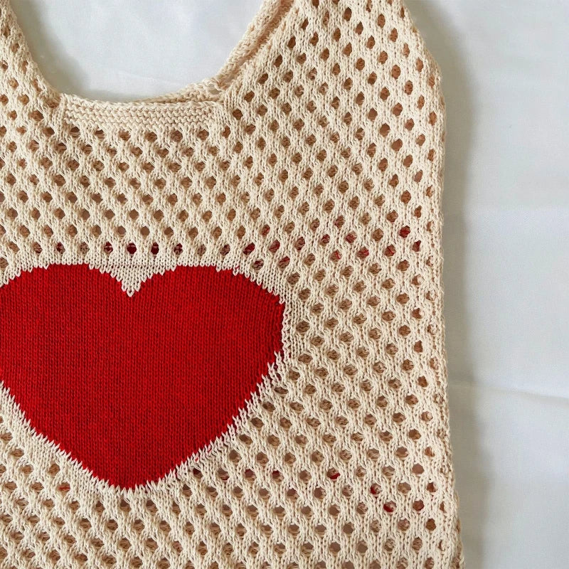 Casual Hollow Shoulder Bag Heart Knitted Bag Handbag Large Capacity