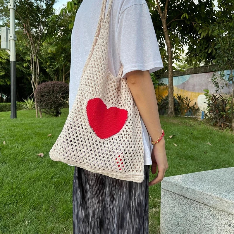 Casual Hollow Shoulder Bag Heart Knitted Bag Handbag Large Capacity
