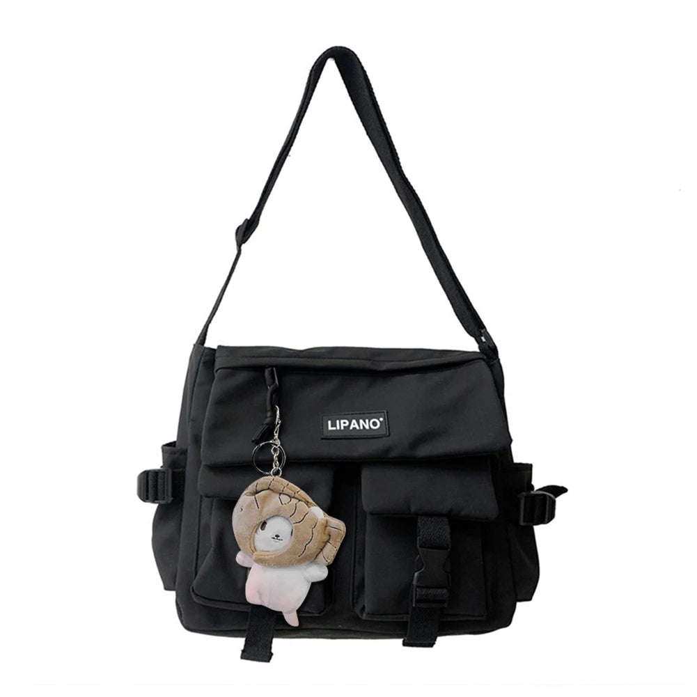 Casual Nylon Crossbody Bag with Pockets and Pendant Decor