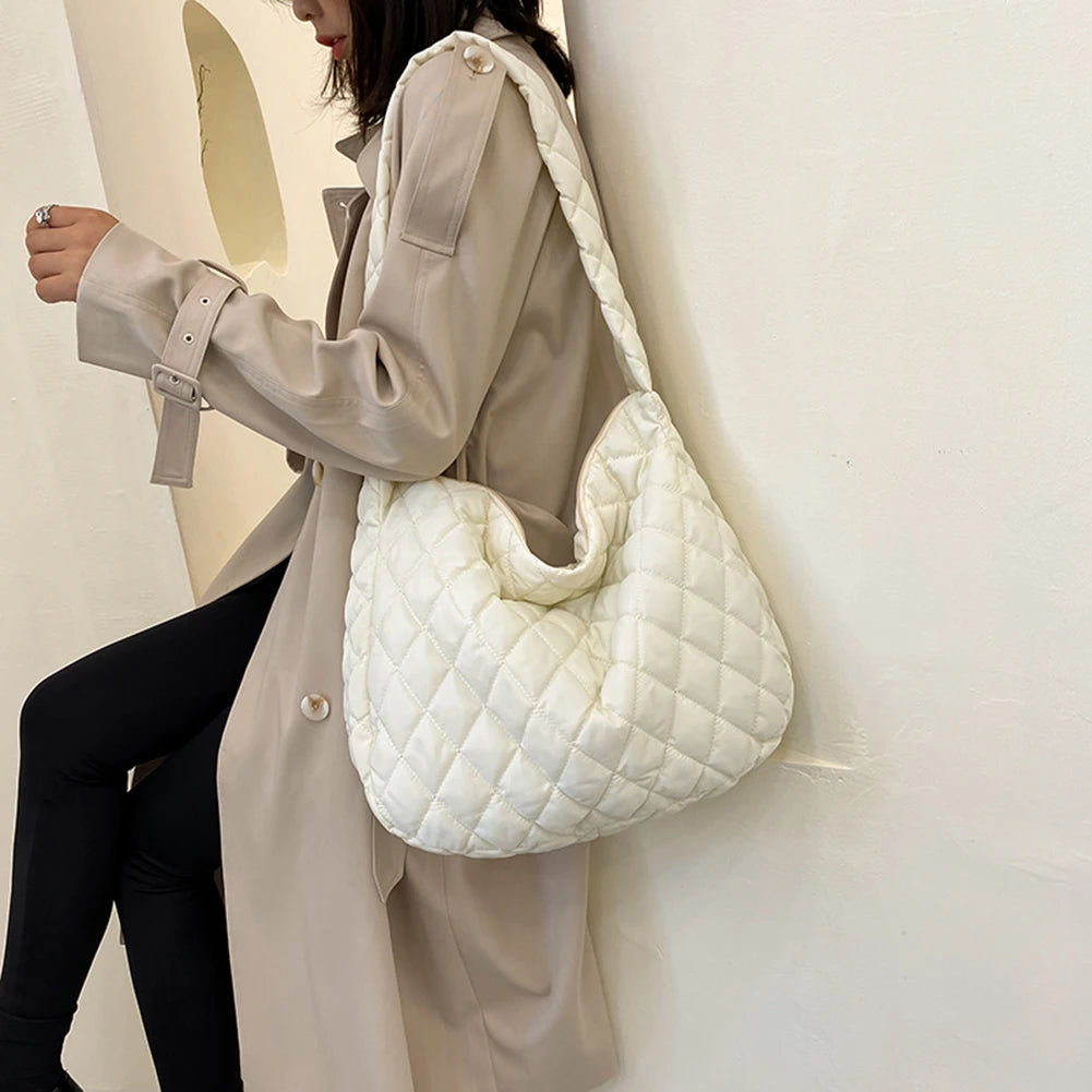 Large Capacity Shoulder Bag Women Lattice Pattern Handbag Solid Travel Totes
