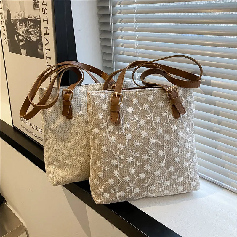 Straw Shoulder Bag Lace Woven Handbag Summer Beach Tote Lady Travel Purse