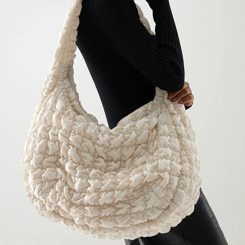 Casual Large Capacity Tote Shoulder Bags Ruched Handbag Nylon Crossbody Bag