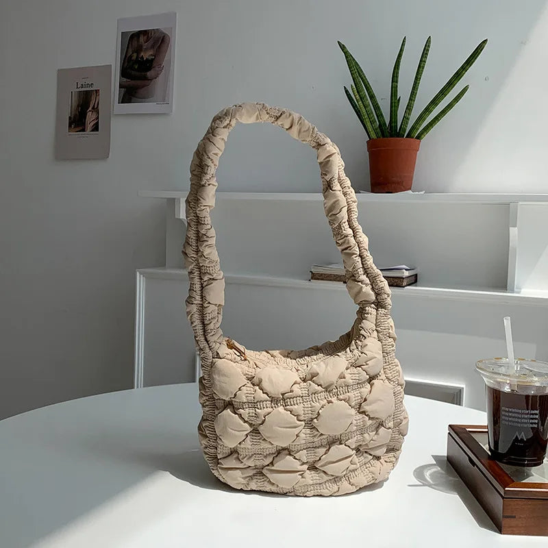 Casual Nylon Lingge Quilted Women Shoulder Bag Ruched Padded Crossbody
