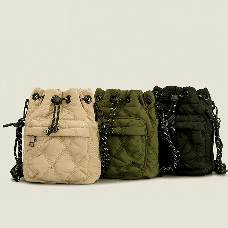 Women Shoulder Bags Quilted Drawsting Crossbody Bag Vintage Bucket Bag