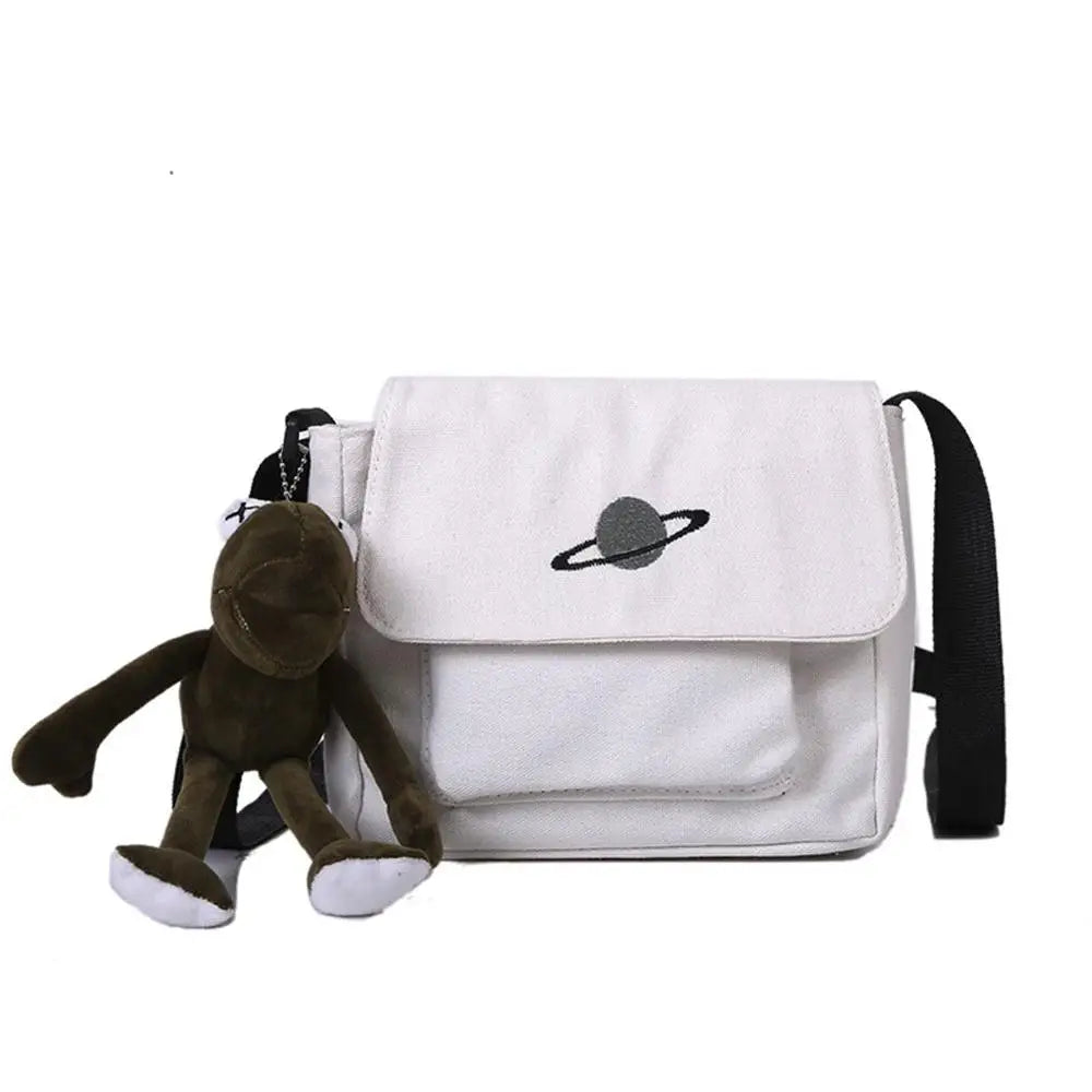 Canvas Shoulder Bag Messenger with Frog Embroidery