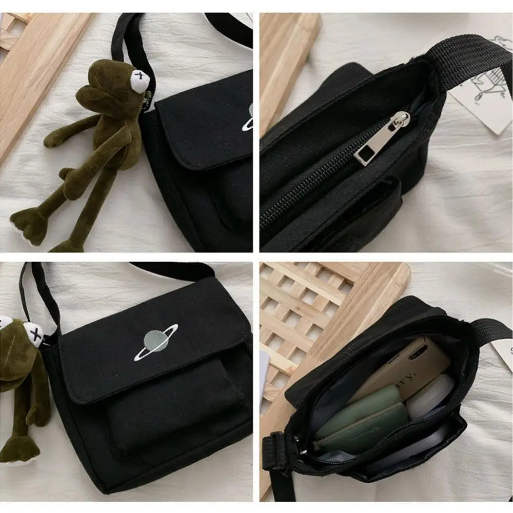 Canvas Shoulder Bag Messenger with Frog Embroidery