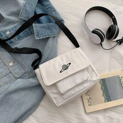 Canvas Shoulder Bag Messenger with Frog Embroidery
