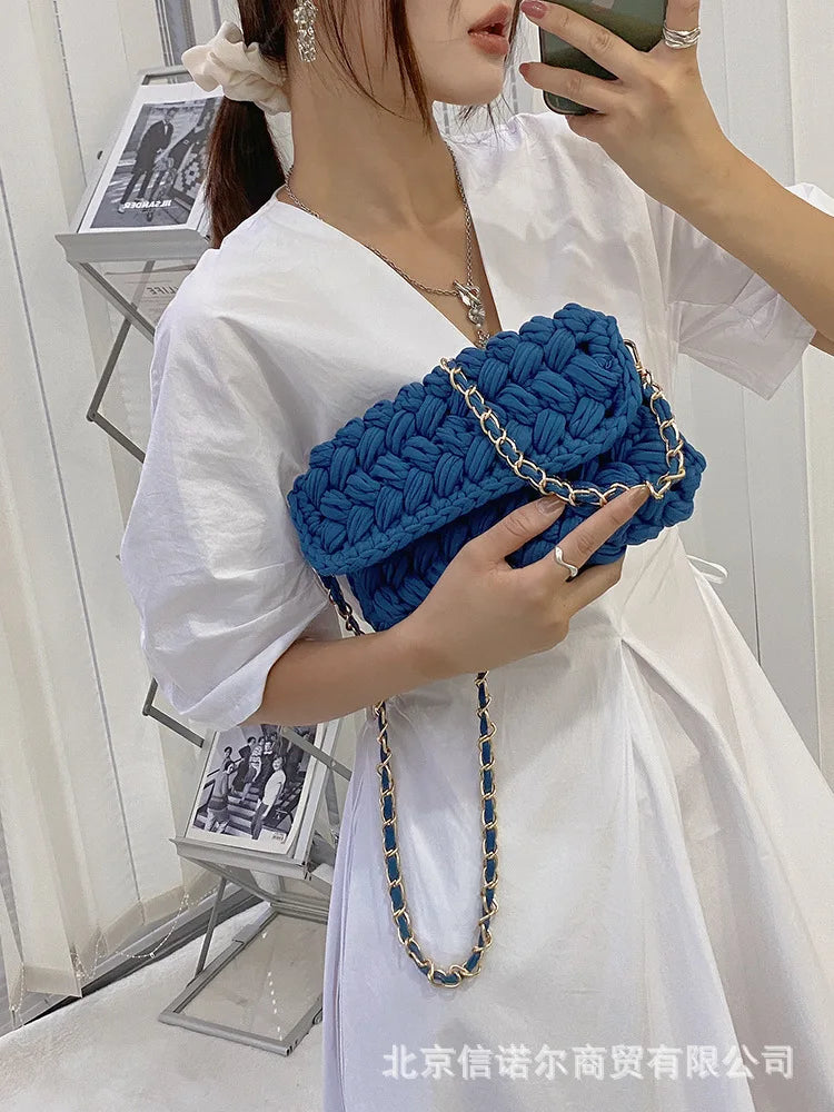 Solid Hand-woven Women Handbags Cotton Crochet Shoulder Messenger Bag