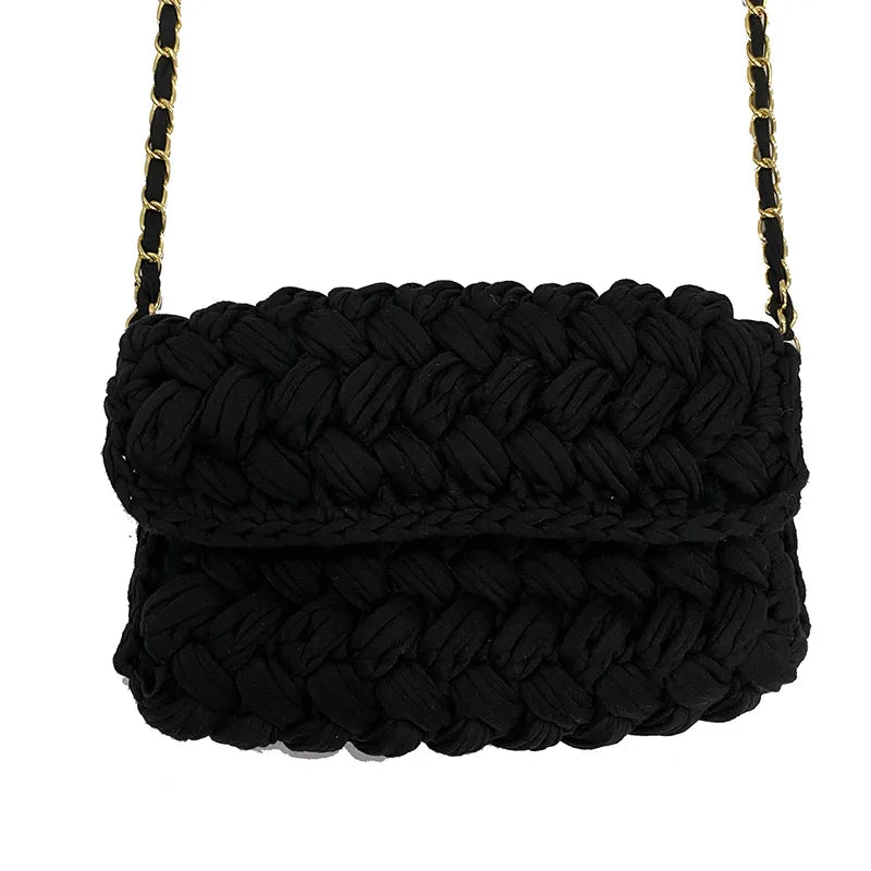 Solid Hand-woven Women Handbags Cotton Crochet Shoulder Messenger Bag