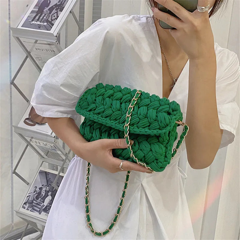 Solid Hand-woven Women Handbags Cotton Crochet Shoulder Messenger Bag