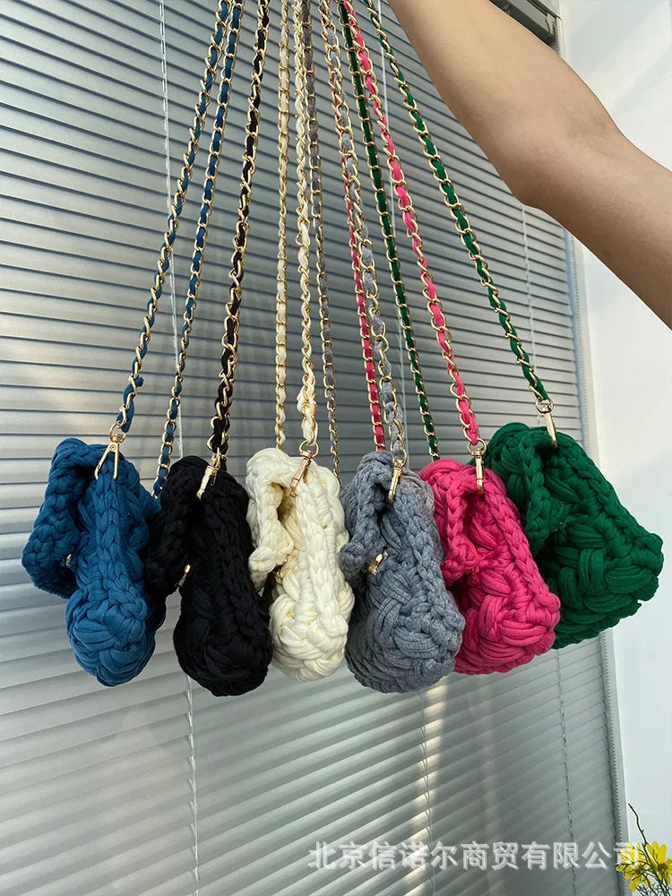Solid Hand-woven Women Handbags Cotton Crochet Shoulder Messenger Bag