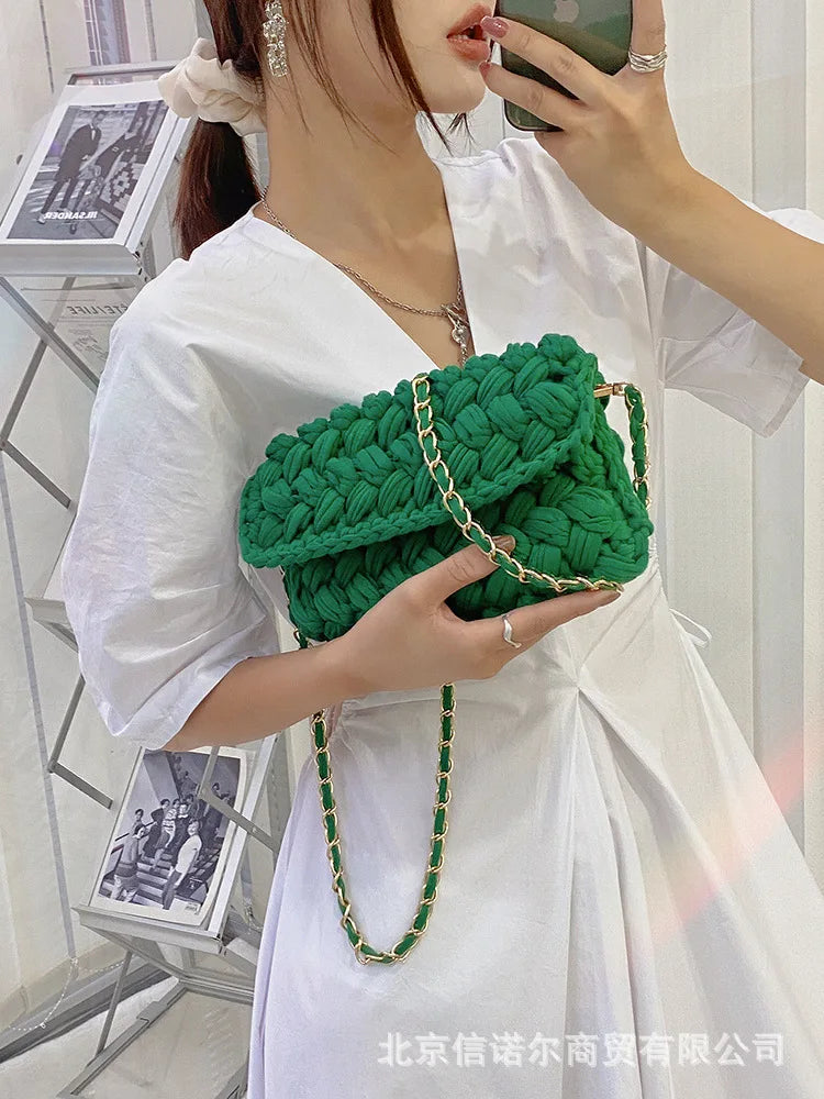Solid Hand-woven Women Handbags Cotton Crochet Shoulder Messenger Bag