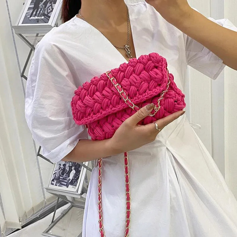 Solid Hand-woven Women Handbags Cotton Crochet Shoulder Messenger Bag