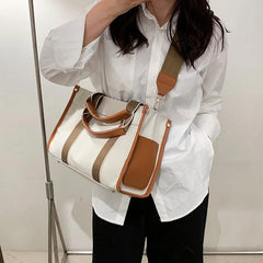 Casual Striped Canvas Large Tote Bag Women Handbags Shoulder Crossbody Bags