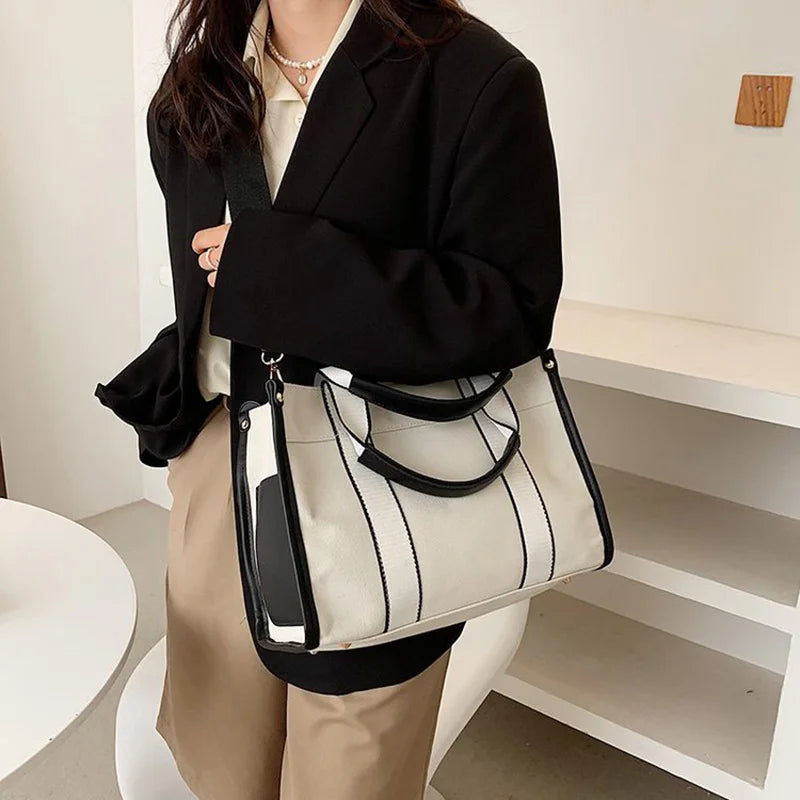 Casual Striped Canvas Large Tote Bag Women Handbags Shoulder Crossbody Bags