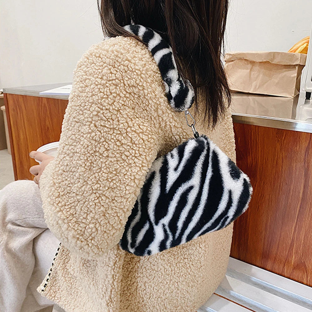 Leopard Plush Handbag Casual Style Shoulder Bag