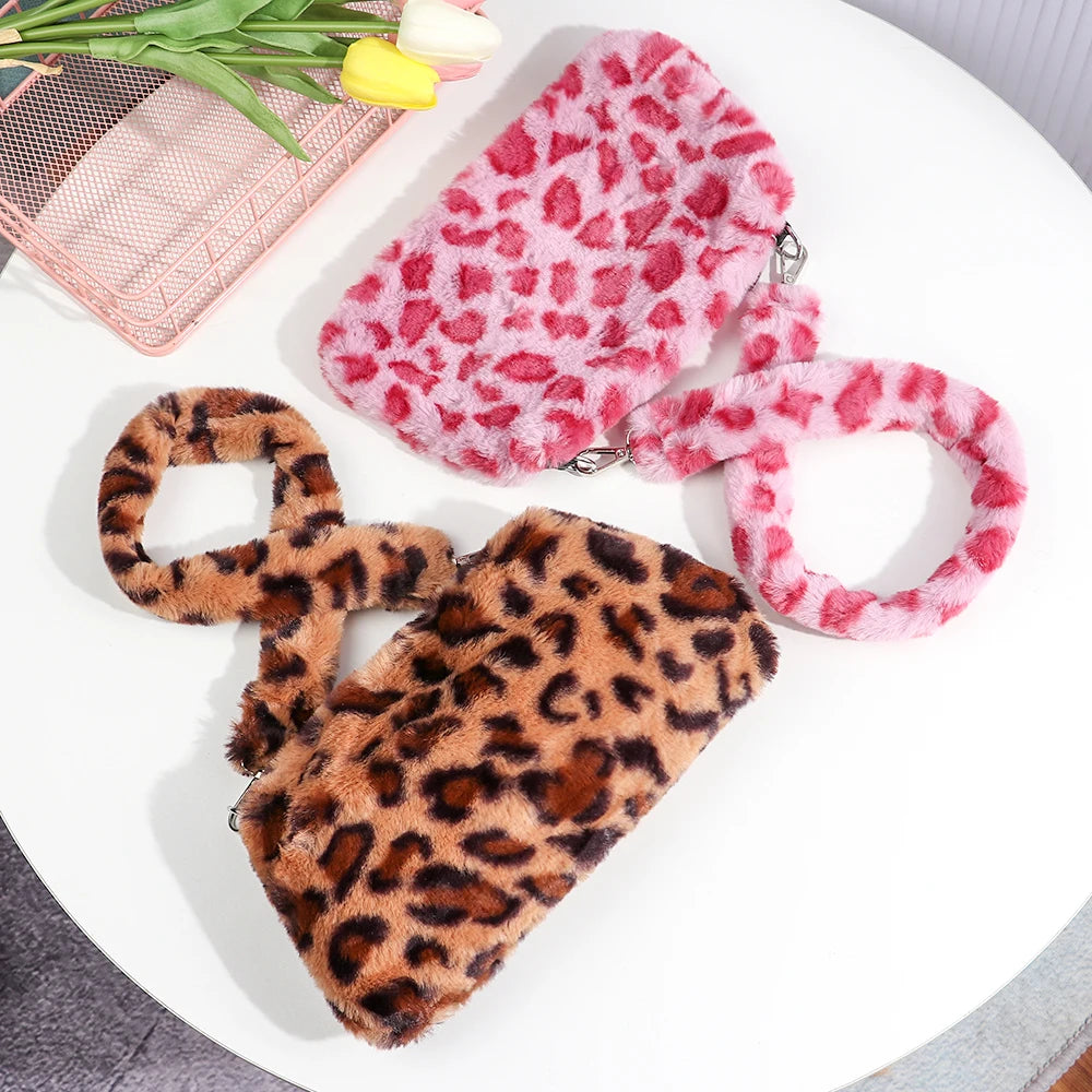 Leopard Plush Handbag Casual Style Shoulder Bag