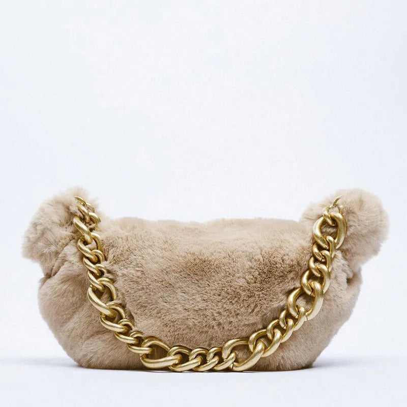 Thick Chains Hobos Women Shoulder Bags Lady Handbag Faux Fur Hand Bags